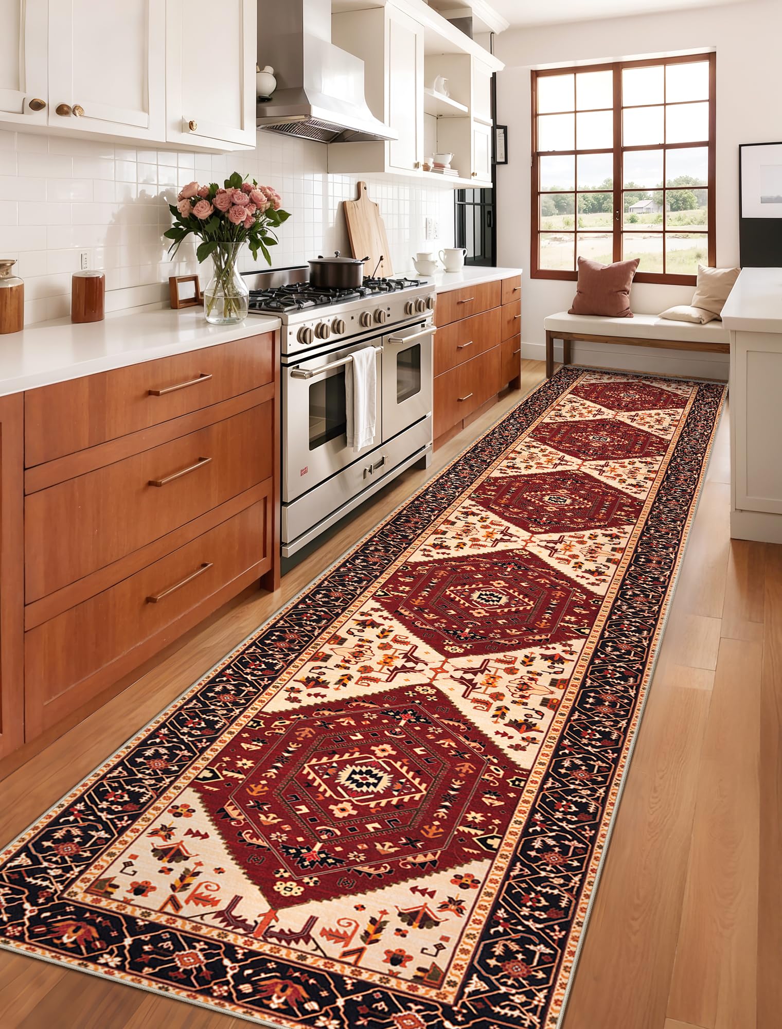 SERISSA 2'6"x14' Washable Non Slip Boho Runner Rug for Hallway，Red Black