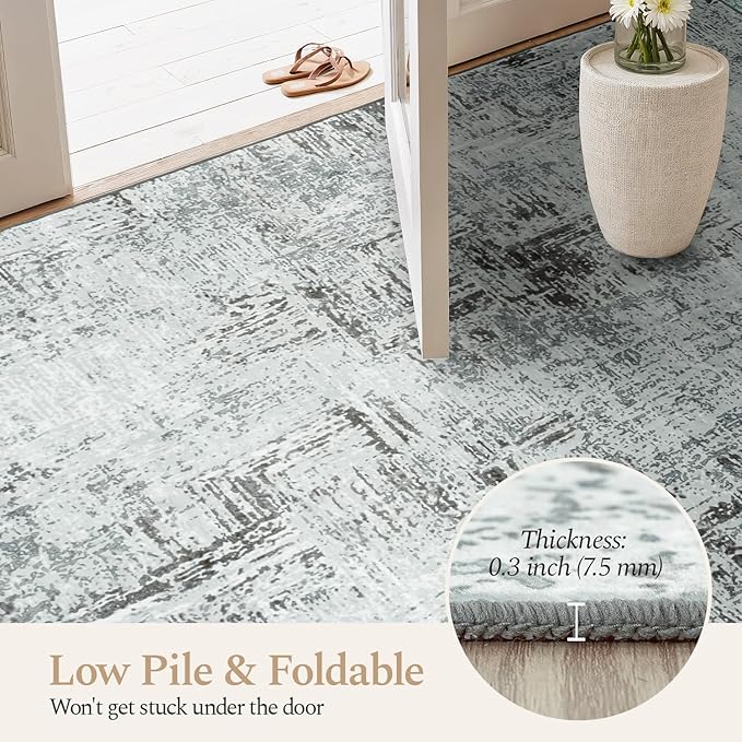 Rugflix 5x7 Washable Area Rugs, Neutral Boho Carpet Living Room Rug Non Slip Stain Resistant, Large Area Rug for Indoor Bedroom Dining Room Office, Blue/Grey