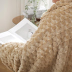 Puncuntex Beige Throw Blanket 60"×80" inches Fuzzy 3D Jacquard Decorative Flannel Fleece Super Soft Plush Cozy Blanket for Couch Sofa Chair Lightweight
