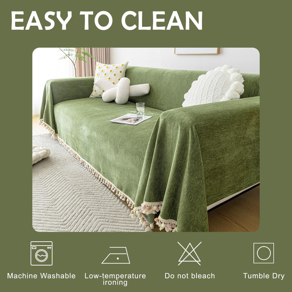 HANDONTIME Green Sofa Cover Vintage Couch Cover for Dogs 91" X134" Couch Cushion Covers with Tassel Herringbone Sofa Cover Boho Sofa Covers for 3 Cushion Couch Chenille Soft Loveseat Sofa Covers