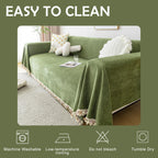 HANDONTIME Green Sofa Cover Vintage Couch Cover for Dogs 91" X134" Couch Cushion Covers with Tassel Herringbone Sofa Cover Boho Sofa Covers for 3 Cushion Couch Chenille Soft Loveseat Sofa Covers