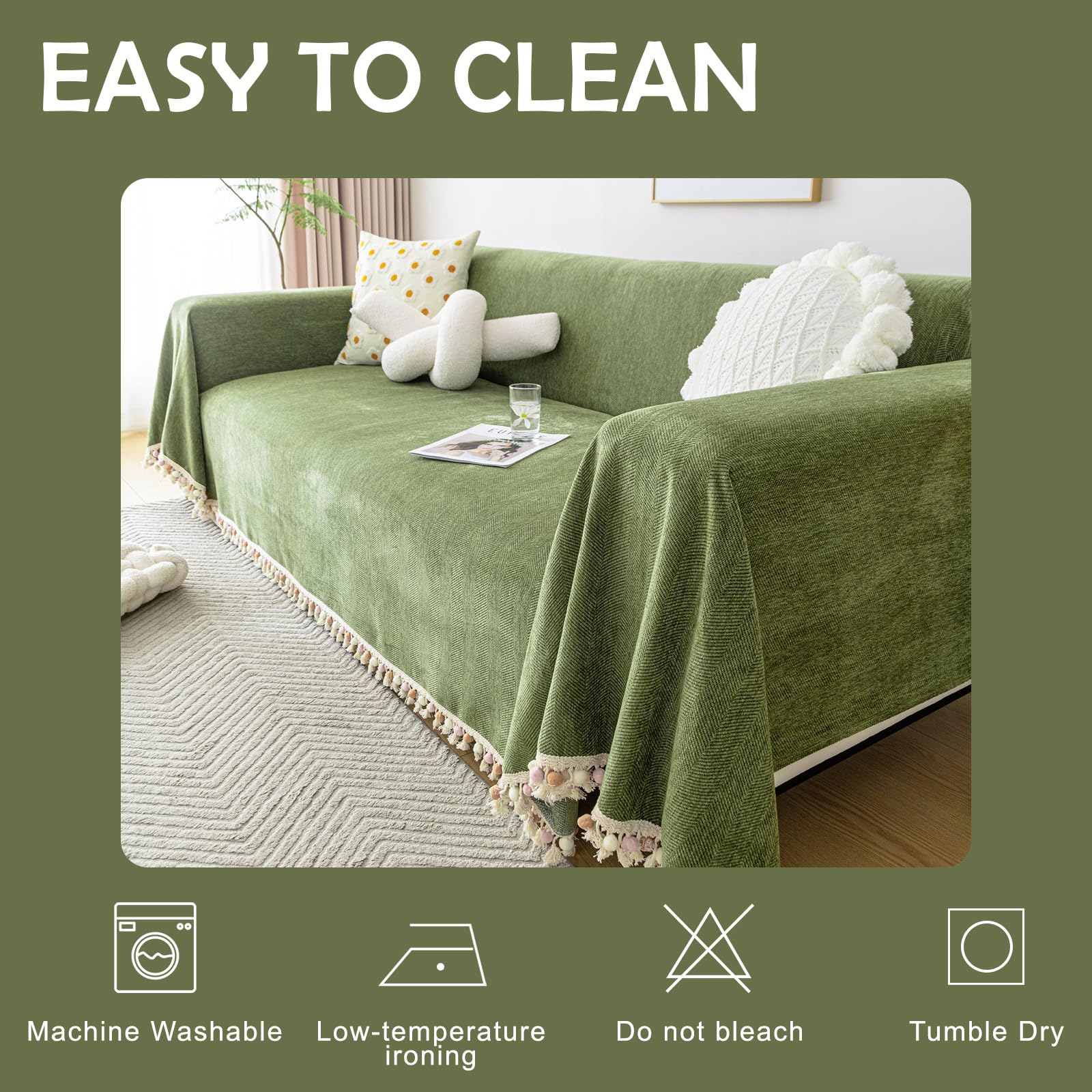 HANDONTIME Green Sofa Cover Vintage Couch Cover for Dogs 91" X134" Couch Cushion Covers with Tassel Herringbone Sofa Cover Boho Sofa Covers for 3 Cushion Couch Chenille Soft Loveseat Sofa Covers
