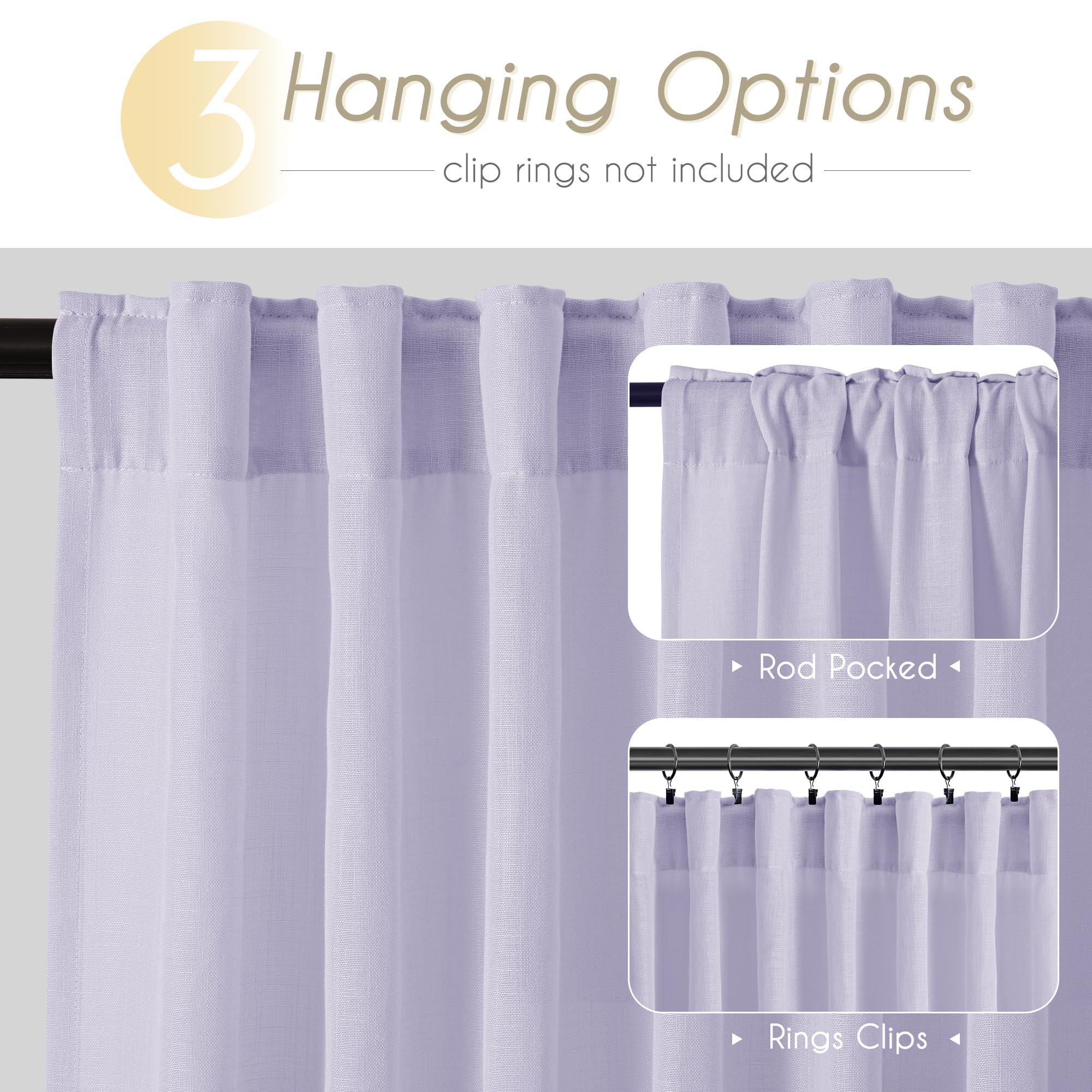 Jolilight Lavender Semi Sheer Linen Purple Curtains 120 Inches Extra Long Ceiling to Floor for Purple Room Decor Back Tab Light Filtering Window Treatment Panels Drapes Luxury Elegant Sheer Violet
