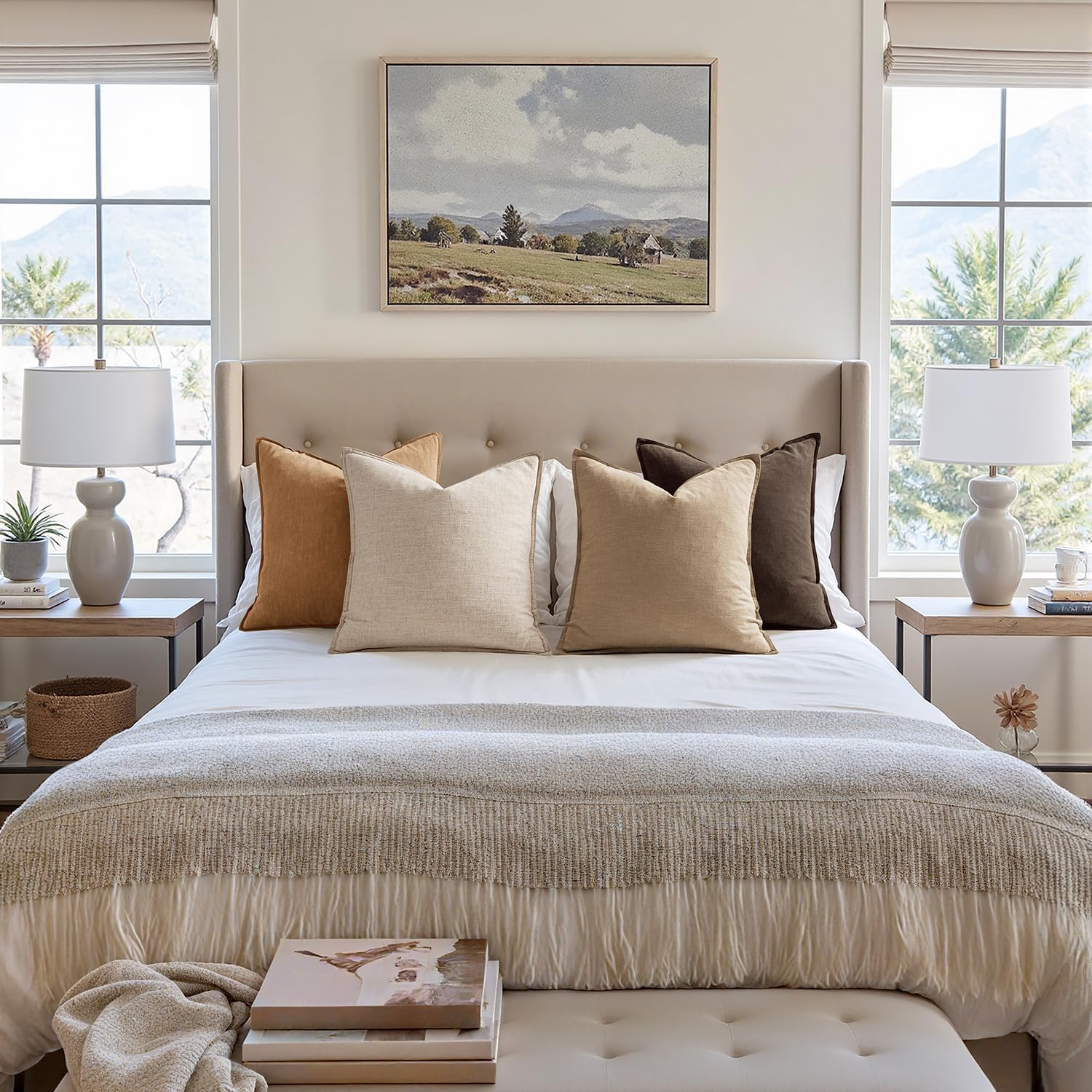 MIULEE Neutral Brown Boho Linen Pillow Covers 24x24 Inch Pack of 4