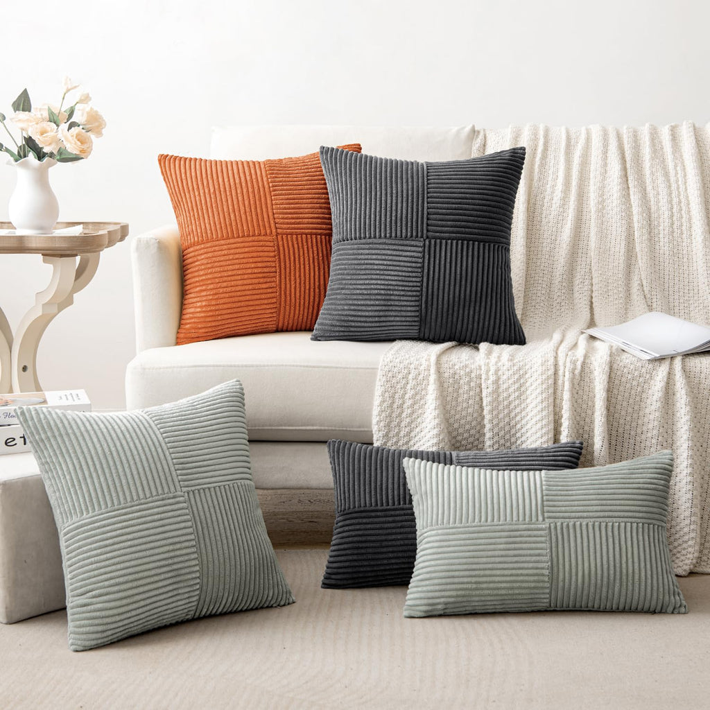 MIULEE Silver Grey Decorative Lumbar Throw Pillow Covers 12x20 Inch for Couch Bed Sofa Pack of 2 Boho Farmhouse Throw Pillows Soft Cross Corduroy Patchwork Textured Cushion Cases