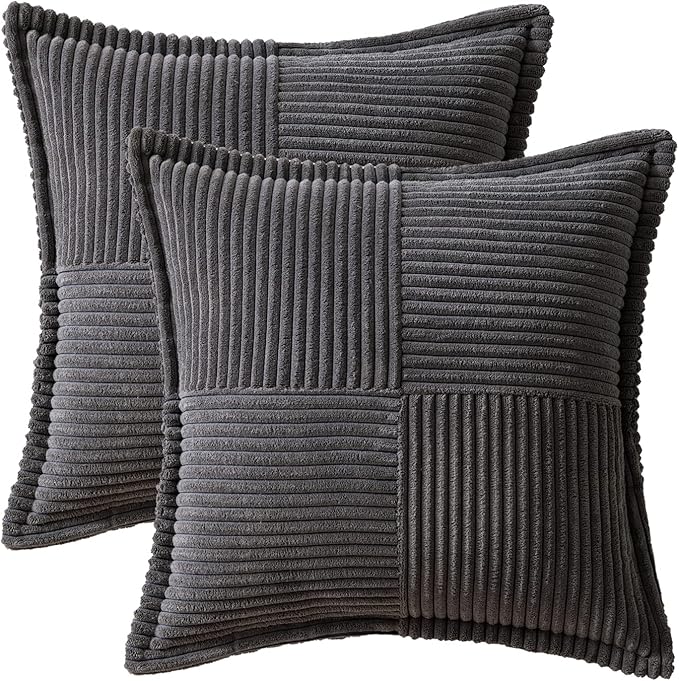 MIULEE Dark Grey Corduroy Pillow Covers 16x16 Inch with Splicing Set of 2 Soft Boho Striped Pillow Covers Broadside Decorative Textured Pillowcases for Couch Cushion Bed Livingroom