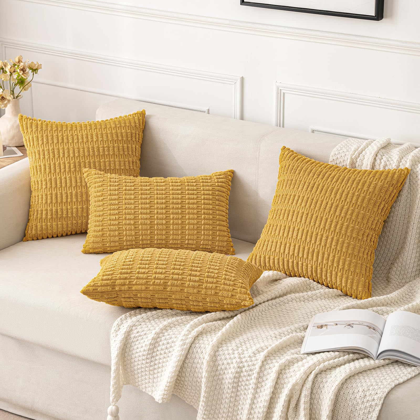 MIULEE Corduroy Decorative Throw Pillow Covers 20x20 Yellow Pack of 2