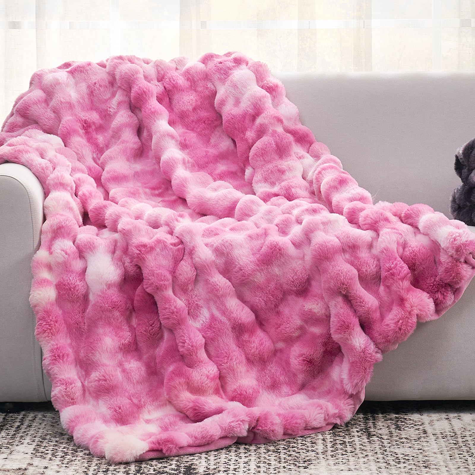 Cozy Bliss Faux Fur Throw Blanket for Couch, Fuzzy Soft Plush Thick Bubble Blanket for Sofa Bedroom Living Room, 50 * 60 Inches Tie Dye Pink