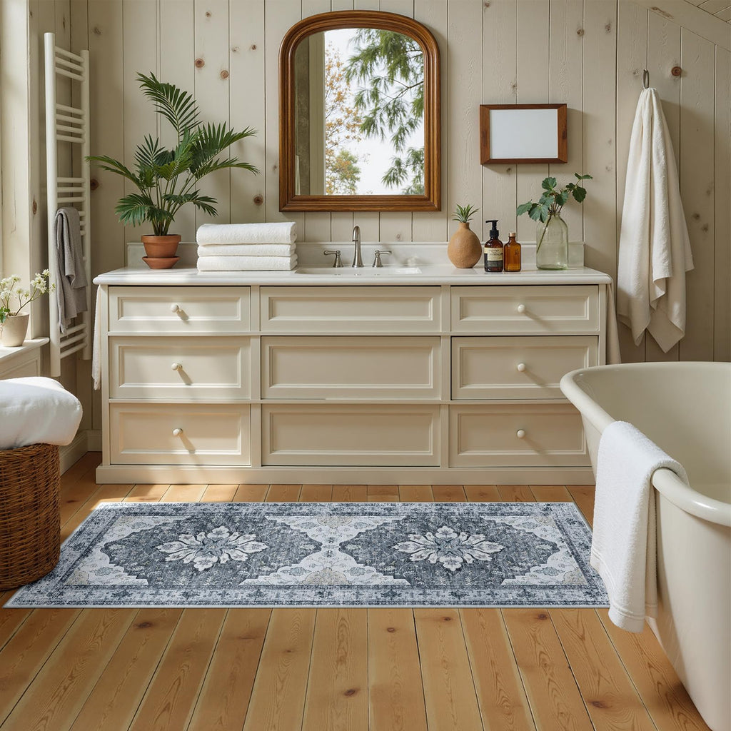 RELEANY Washable Area Rug, Runner 2'x5', Grey/White/Beige