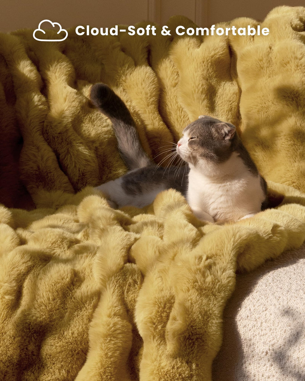blunique Ultra Soft Cozy Faux Fur Throw Blanket, Fuzzy Plush Thick Bubble Blanket, Oversize Luxury Fluffy Blanket for Couch, Sofa, Bedroom, and Living Room,50x60 Inches, Dark Yellow