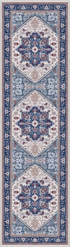 OPPODREAM Soft Entryway Rug 2x8, 2x8 Rug Runner, Washable Hallways Carpet 2 x 8 with Non Slip Backing, Low-Pile Bedside Carpet 2 x 8, Long, Faux Cashmere, Navy Blue & Red & Cream
