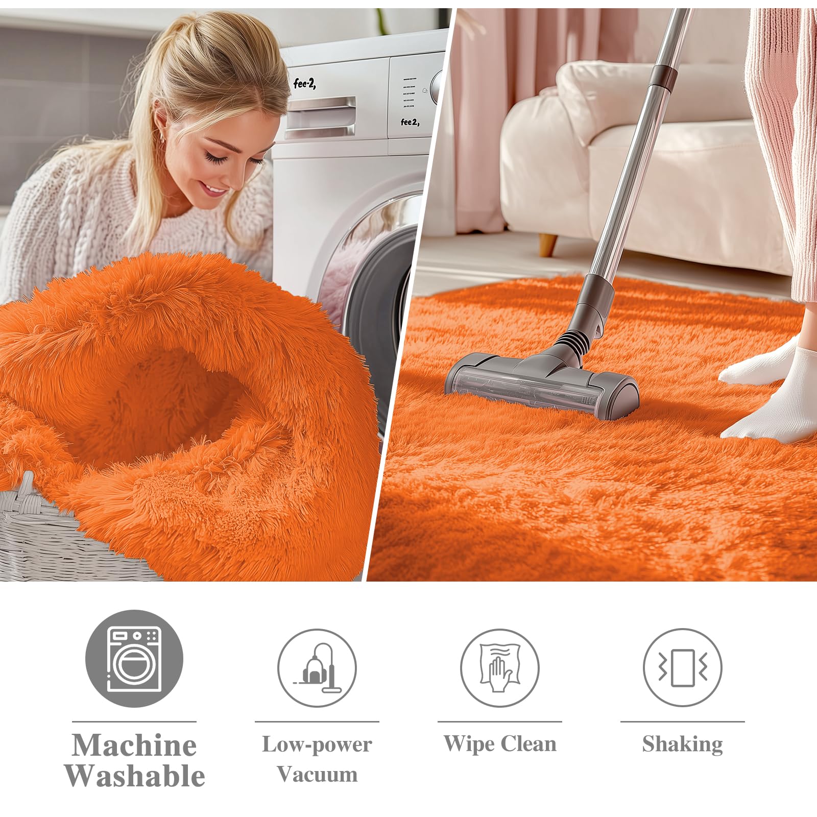OLANLY Orange Round Rugs for Bedroom - Machine Washable, 9 ft Circle Area Rugs for Living Room, Soft and Fluffy Shaggy Carpet for Teen Girl and Boys, Nursery Rooms, Dorms, Home Decor Aesthetic