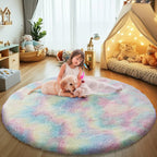 Rainbow Fluffy Round Area Rugs for Bedroom,5'X5'Shag Circle Small Area Rugs