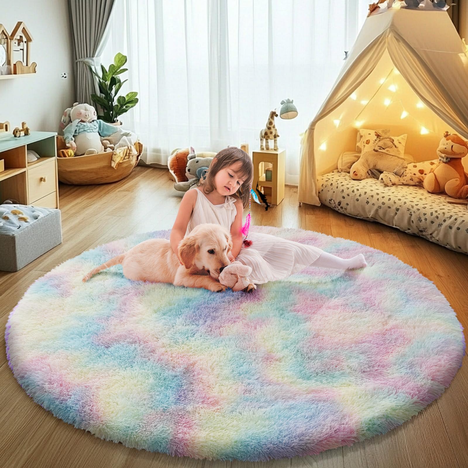 Rainbow Fluffy Round Area Rugs for Bedroom,5'X5'Shag Circle Small Area Rugs