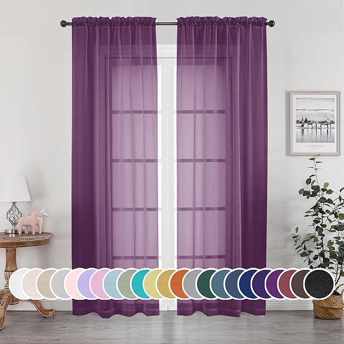 OWENIE Plum Sheer Curtains, Sheer Curtains 84 Inches Long 2 Panels Set, Rod Pocket Voile Fimly Sheer Drapes for Living Room Bedroom, 2pcs, Plum, Each 42" W x 84" L