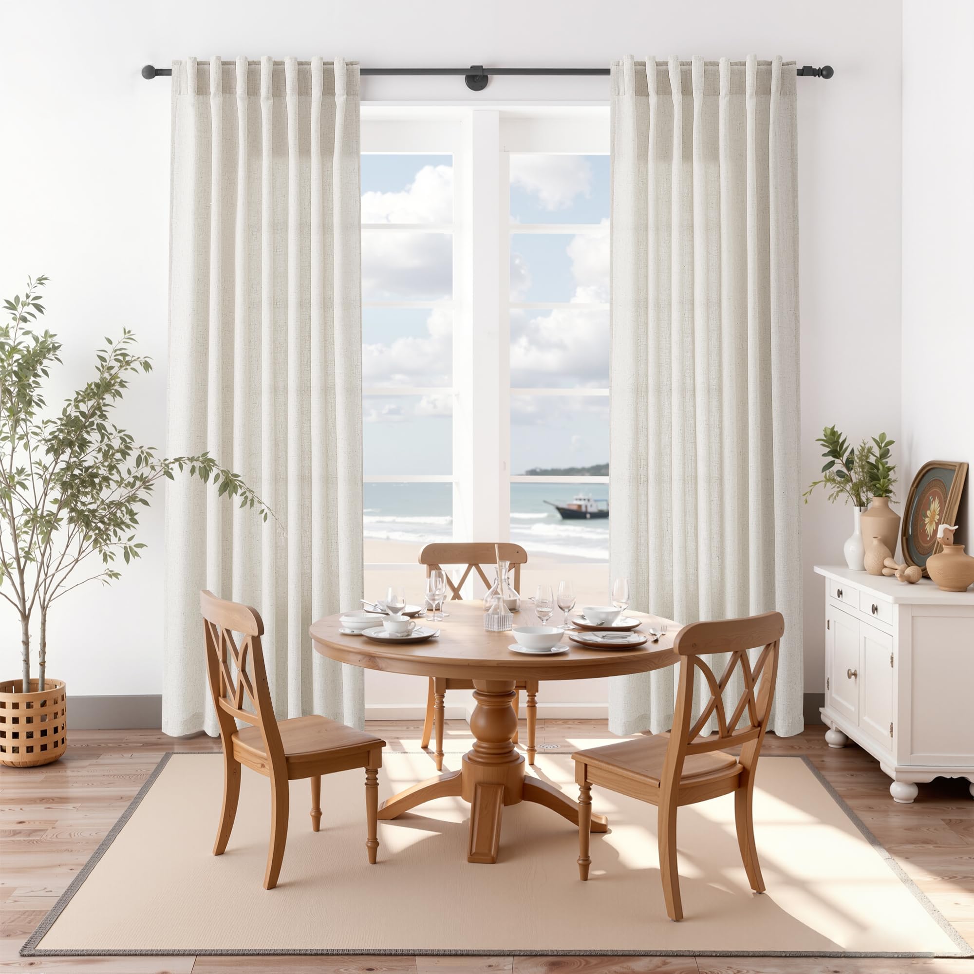 Nanspring Pearl White Linen Curtains 63 Inch Length for Living Room Luxury Light Filtering Semi Sheer Curtain Back Tab Coastal Decor Neutral Elegant Gray Drapes for Bedroom Office 52x63, 2 Panels