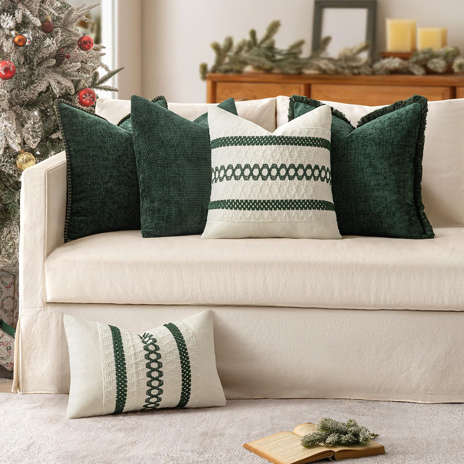 MIULEE Set of 2 Dark Green Boho Decorative Lumbar Pillow Covers 12x20 Inch