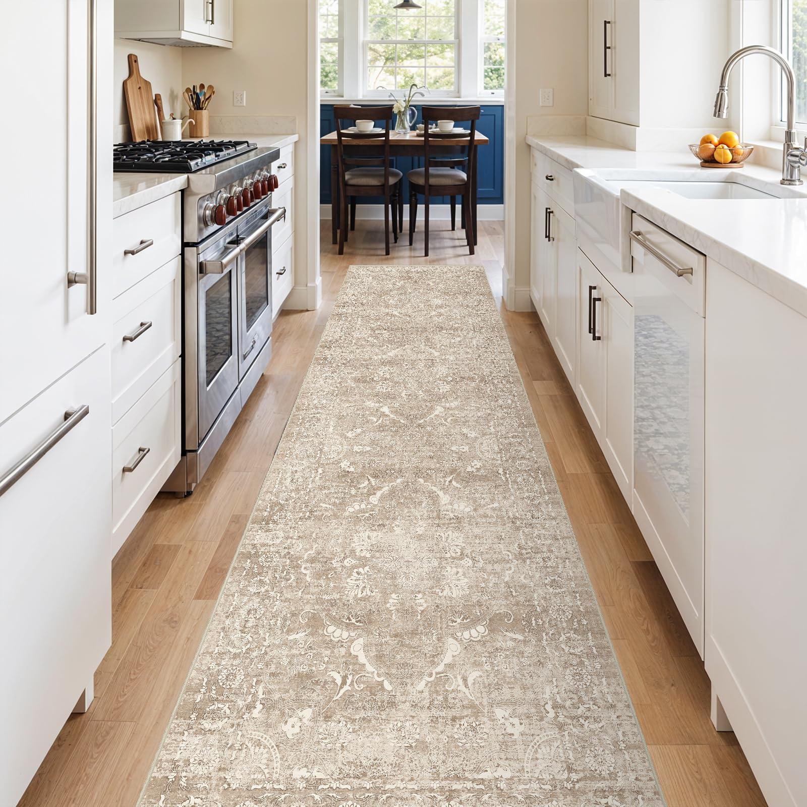 2'6"x12 Washable Runner Rug: Vintage Non-Slip Rug for Kitchen NaturalBeige