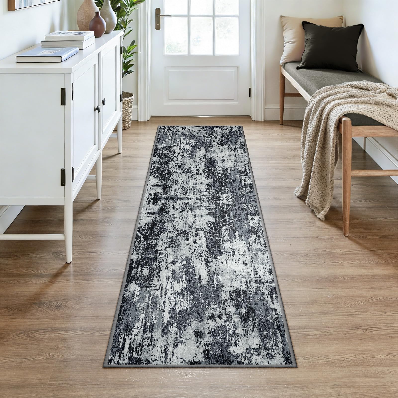 RELEANY Washable Runner 2'x7' Abstract Area Rug for Hallway Black White