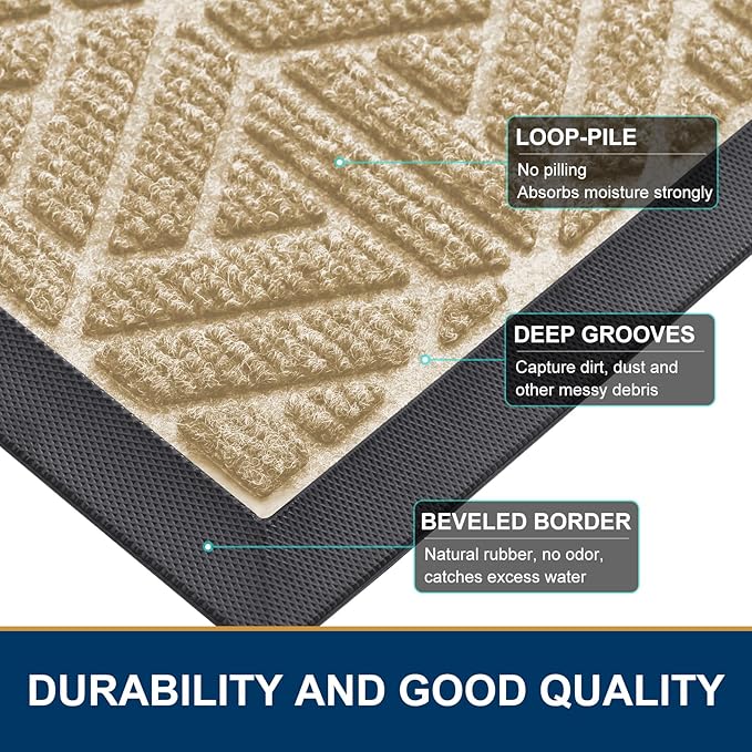 Smiry Front Door Mat Outside Entrance, Heavy Duty Sturdy Natural Rubber Doormat, Trap Dirt and Moisture, Easy Clean Low Profile Mats for Indoor Outdoor Entry, Grid Geometric (71x47, Beige)