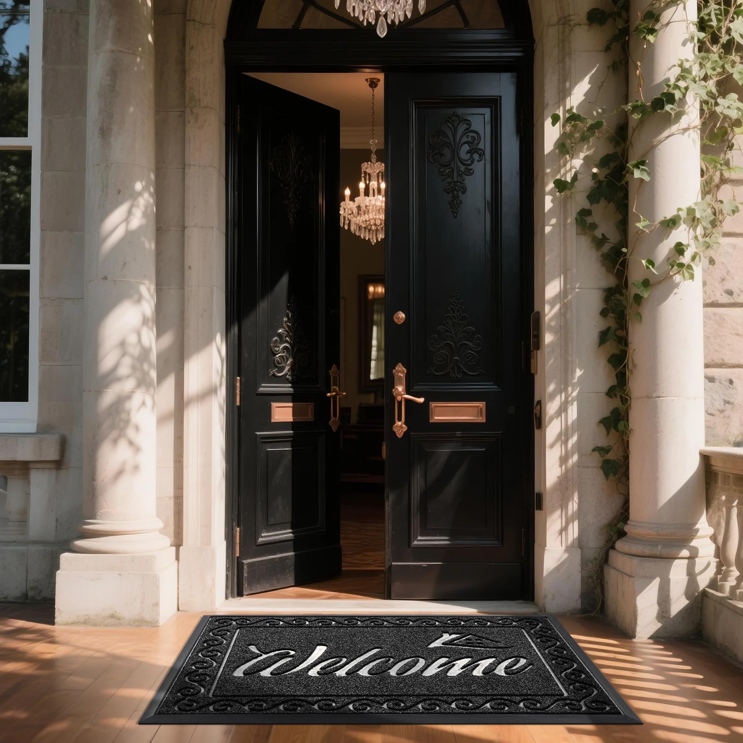 Yimobra Welcome Mat, Heavy Duty Sturdy Door Mats for Home Entrance Outdoor Indoor, Front Doormat for Outside Patio Floor Entry Porch Garage Office, Waterproof, Low Profile, 60 x 36, Black