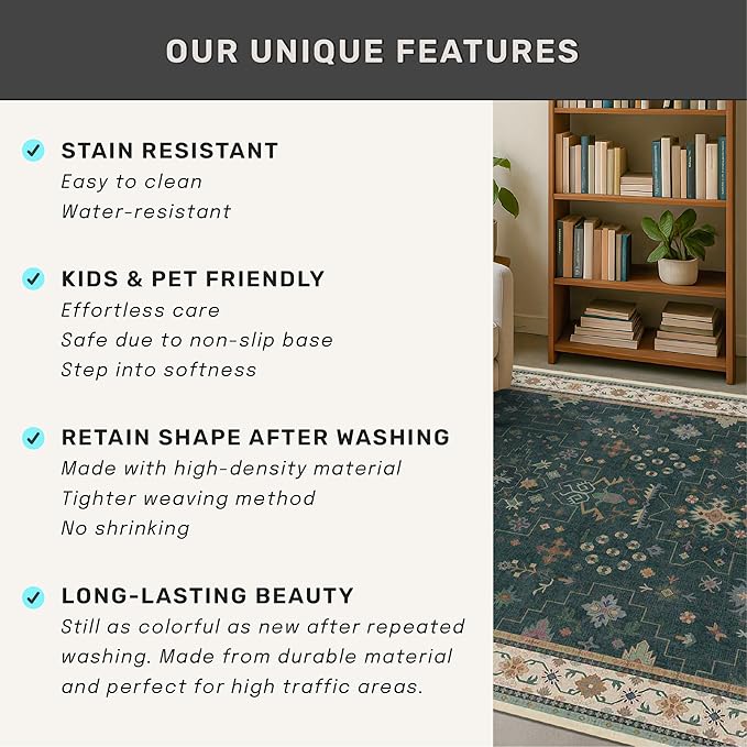 Hazo Haus Vintage Dark Green 6x8 Dining Room Rugs for Under Kitchen Table - Washable Livinig Room Rug - Unique Floral Pastel Low Pile Non-Slip Area Rugs for Bedroom