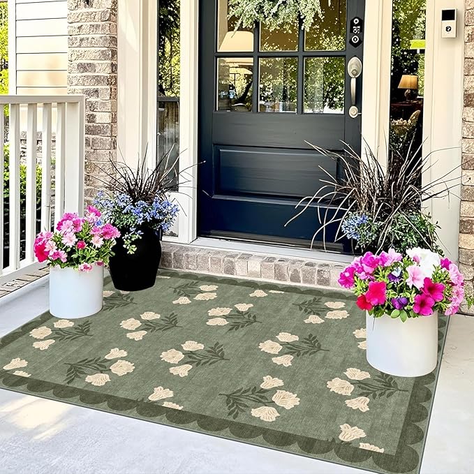 Othilic 3x5 Floral Entry Rug - Small Washable Indoor Outdoor Mats for Front Door Non-Slip Spring Porch Rug Sage Green Farmhouse Throw Rugs for Living Room Bedroom Entryway Kitchen Office Porch Decor