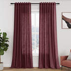 Burgundy Linen Curtains 90 Inch Long 2 Panels Set for Bedroom Living Room Linen Textured Window Drapes Semi Sheer Light Filtering Rod Pocket Back Tab Cotton Textured Farmhouse Curtain 52x90