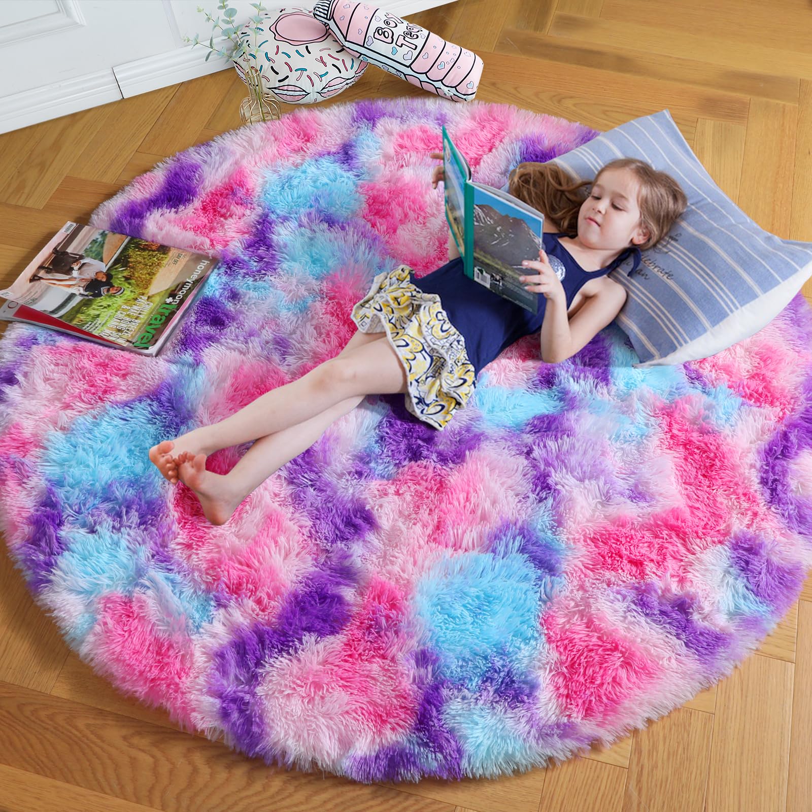 Amdrebio Pink Blue Purple Fluffy Large Round Rug 6Ft for Girls Kids Bedroom