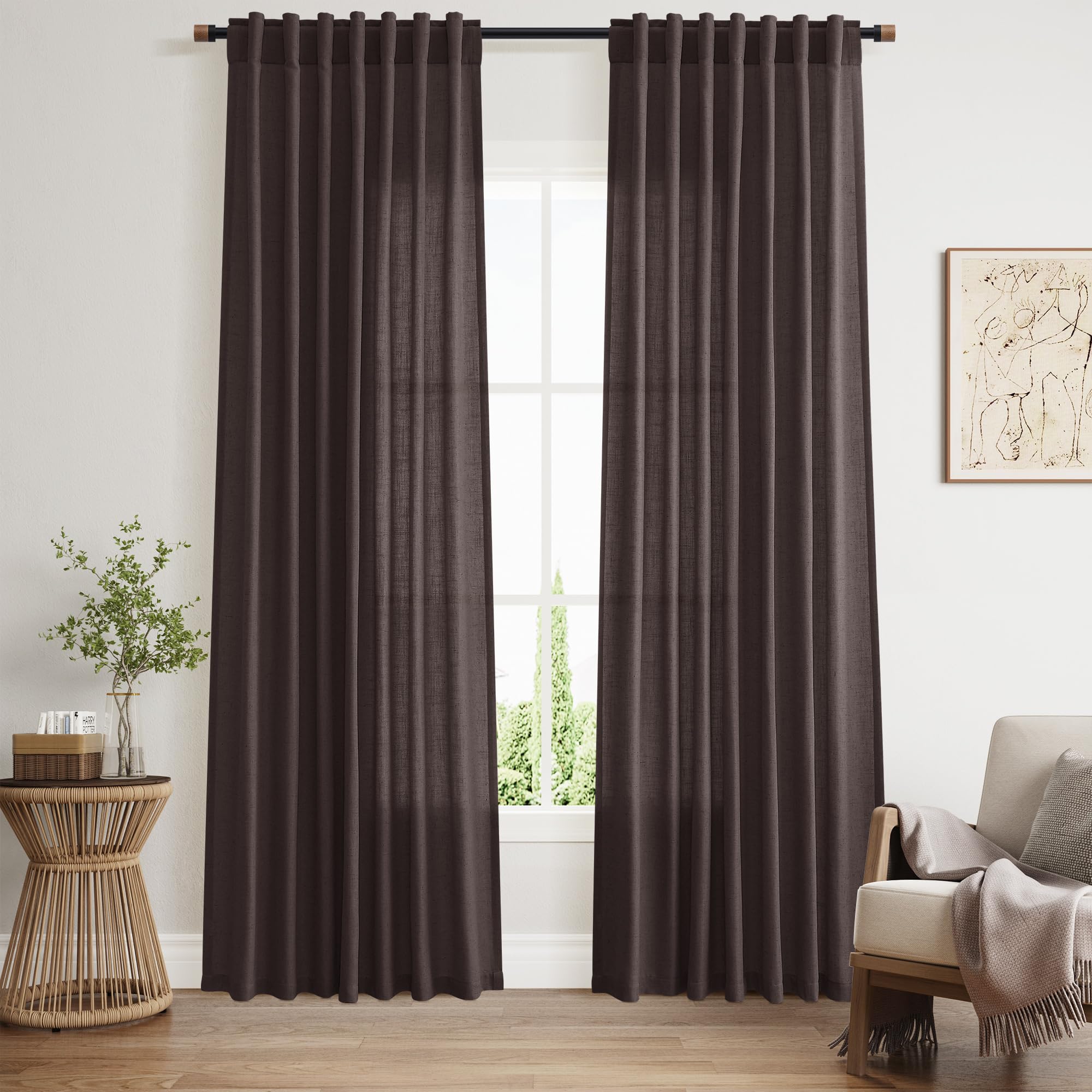 Nanspring Cocoa Coffee Linen Curtains 84 Inch Length 2 Panels Set for Living Room Back Tab Light Filtering Semi Sheer Curtain for Bedroom Farmhouse Drapes, 52x84 Inch, 2 Panels