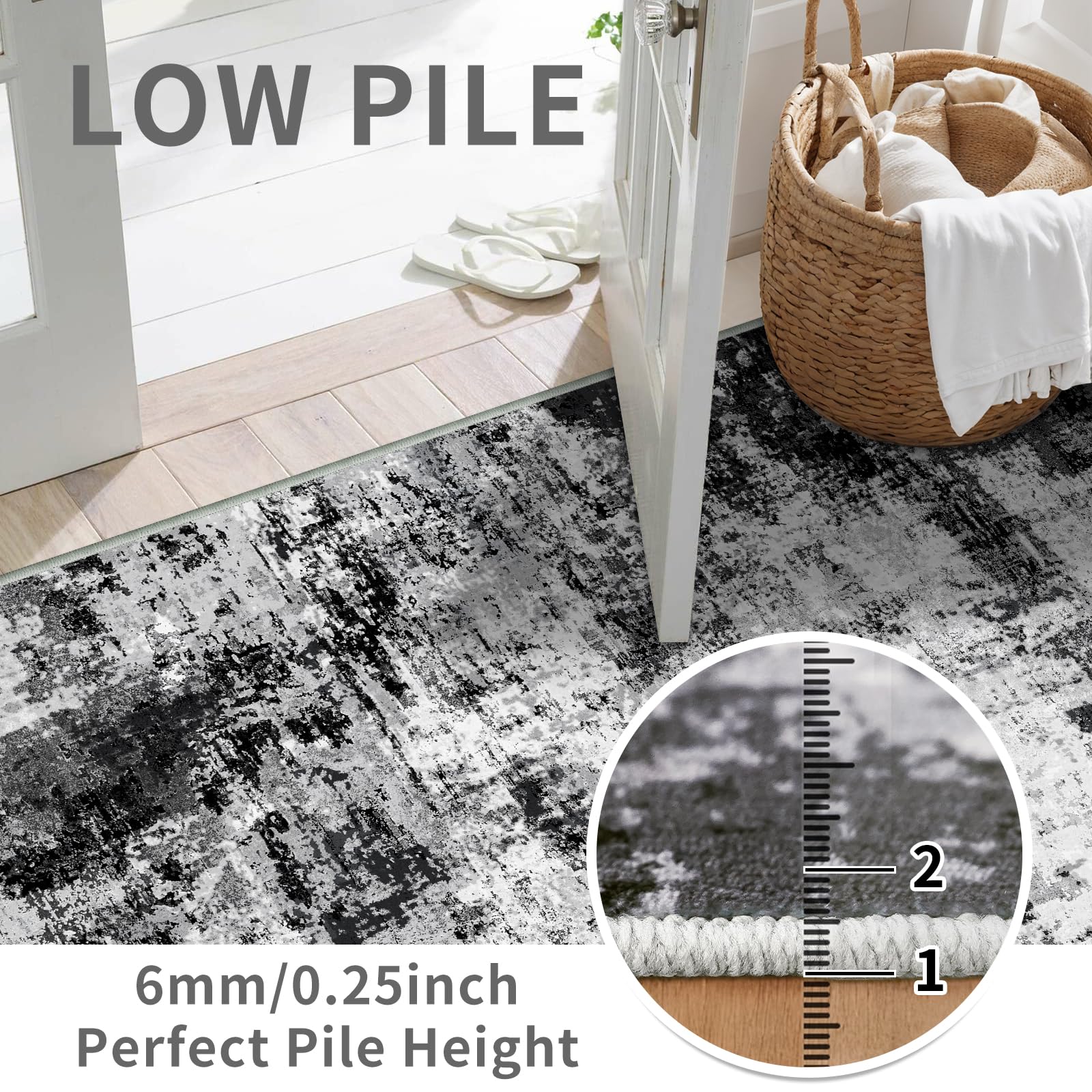 WIEVEDENS 2x3 Small Washable Area Rug: Non-Slip Indoor Door Mat for Entrance Doorway Kitchen Bedroom Living Room - Abstract Farmhouse Throw Rug for Modern Home Decor Black Grey