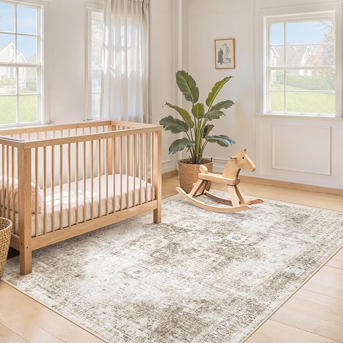 VECARF Area Rug 3x5 Washable Rug, Vintage Boho Medallion Entryway Rug Non-Slip Soft Low Pile Small Distressed Floor Carpet Retro Doormat for Kitchen Bedroom Laundry Bathroom Hallway (Taupe, 3'x5')