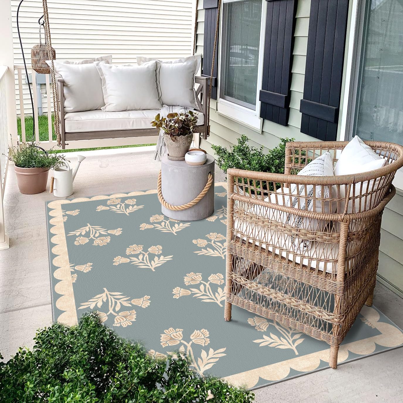 Othilic 3x5 Floral Entry Rug - Small Washable Indoor Outdoor Mats for Front Door Non-Slip Porch Rug Blue Boho Farmhouse Scalloped Throw Rugs for Living Room Bedroom Entryway Kitchen Office Porch Decor