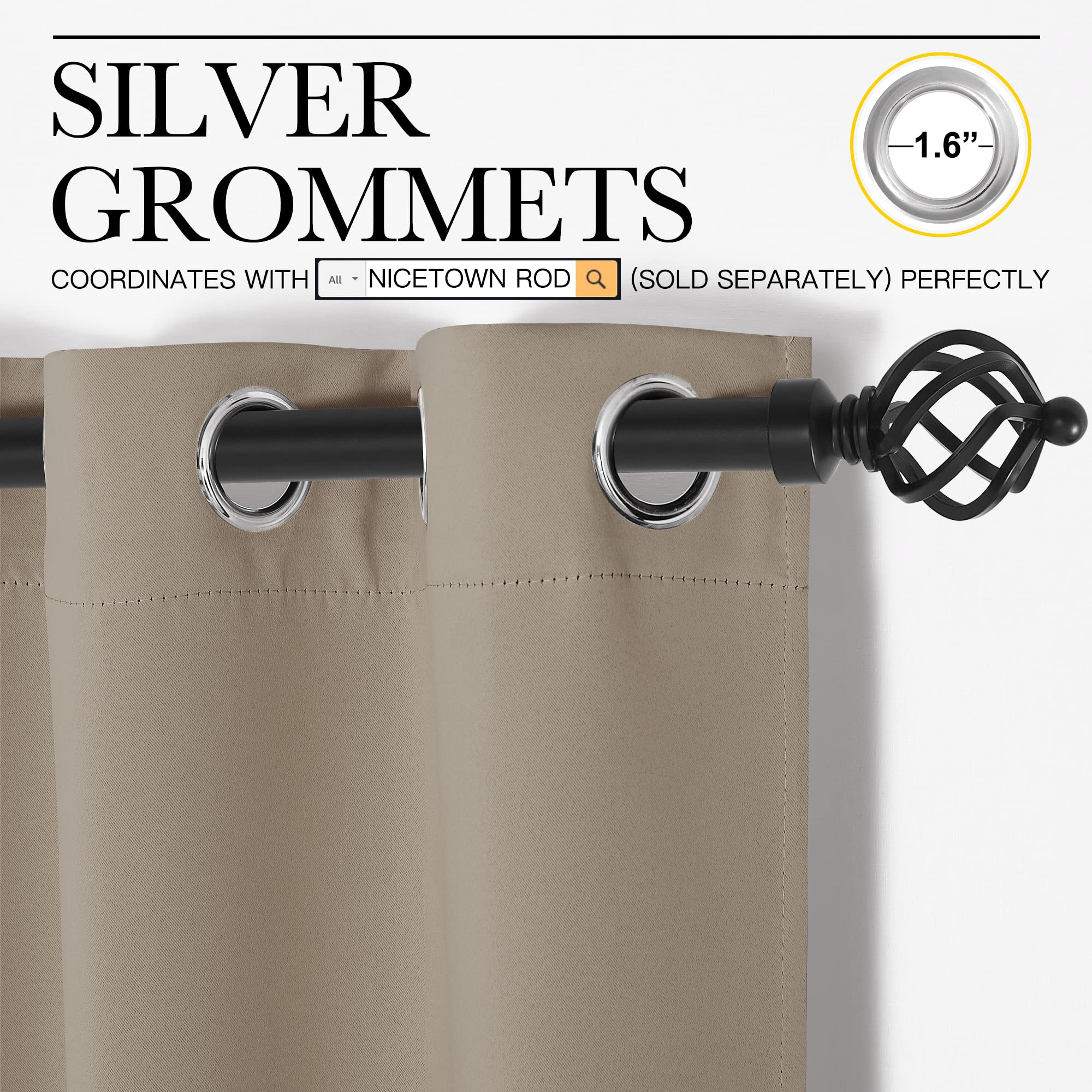 NICETOWN Taupe Blackout Curtains Panels for Bedroom, 2 Panels, 52 x 92 Inch, 3 Pass Microfiber Noise Reducing Thermal Insulated Solid Ring Top Blackout Window Drapes