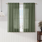 Olive Green Linen Curtains 60 Inch Length 2 Panel Set Back Tab Rod Pocket Semi Sheer Light Filtering Short Curtain Farmhosue Country Style Bay Window for Living Room Bedroom 52x60