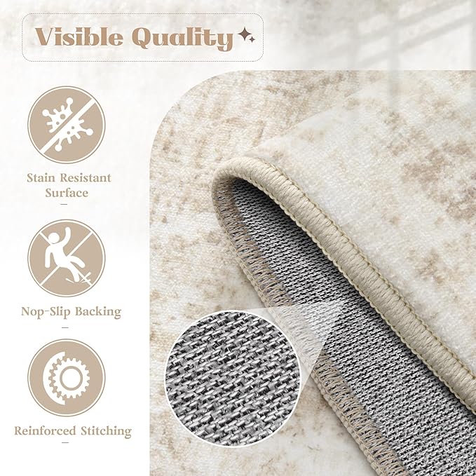 VECARF Area Rug 10x12 Washable Rug, Vintage Boho Medallion Rugs Non-Slip Soft Low Pile Large Distressed Rug Indoor Retro Carpet for Living Room Bedroom Dining Room Home Office (Beige, 10'x12')