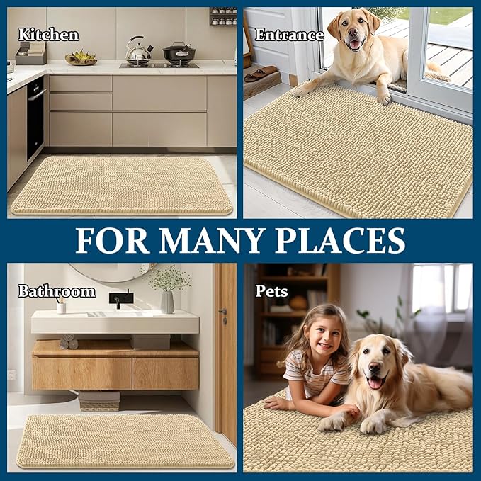 OLANLY Dog Door Mat for Muddy Paws 30x17, Absorbs Moisture and Dirt, Absorbent Non-Slip Washable Doormat, Quick Dry Chenille Mud Mat for Dogs, Entry Indoor Entryway Carpet for Inside Floor, Sand