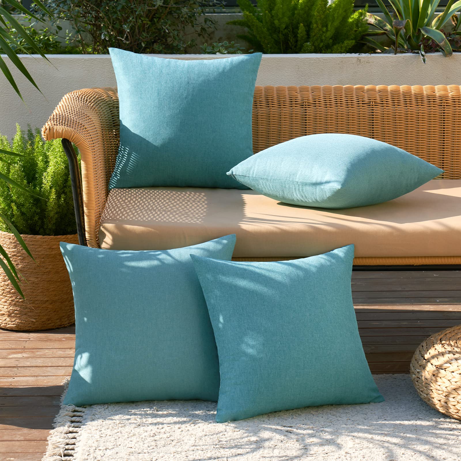MIULEE Pack of 4 Decorative Outdoor Throw Pillow Covers Linen Waterproof Pillow Covers Summer Farmhouse Cushion Cases for Patio Garden Tent Balcony Couch Sofa 18x18 Inch Turquoise