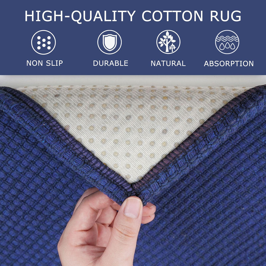 KOZYFLY Washable Area Rug 6x9 ft Rubber Backed Non Slip Rugs for Living Room Braided Cotton Bedroom Rug Woven Office Rugs Indoor Floor Carpets for Dining Bedroom Living Room, Royal Blue/Navy