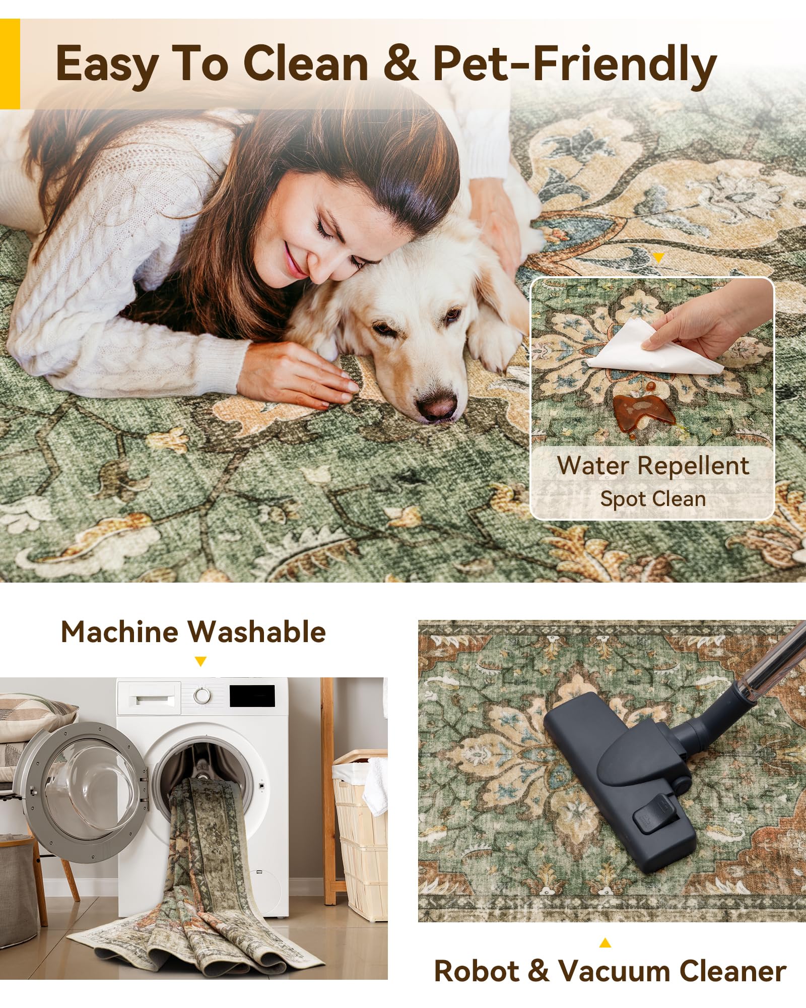 RELEANY Washable Area Rug, Runner 3'x12', Brick/Brown/Green