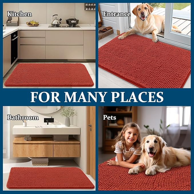 OLANLY Dog Door Mat for Muddy Paws 35x24, Absorbs Moisture and Dirt, Absorbent Non-Slip Washable Doormat, Quick Dry Chenille Mud Mat for Dogs, Entry Indoor Entryway Carpet for Inside Floor, Maple Red