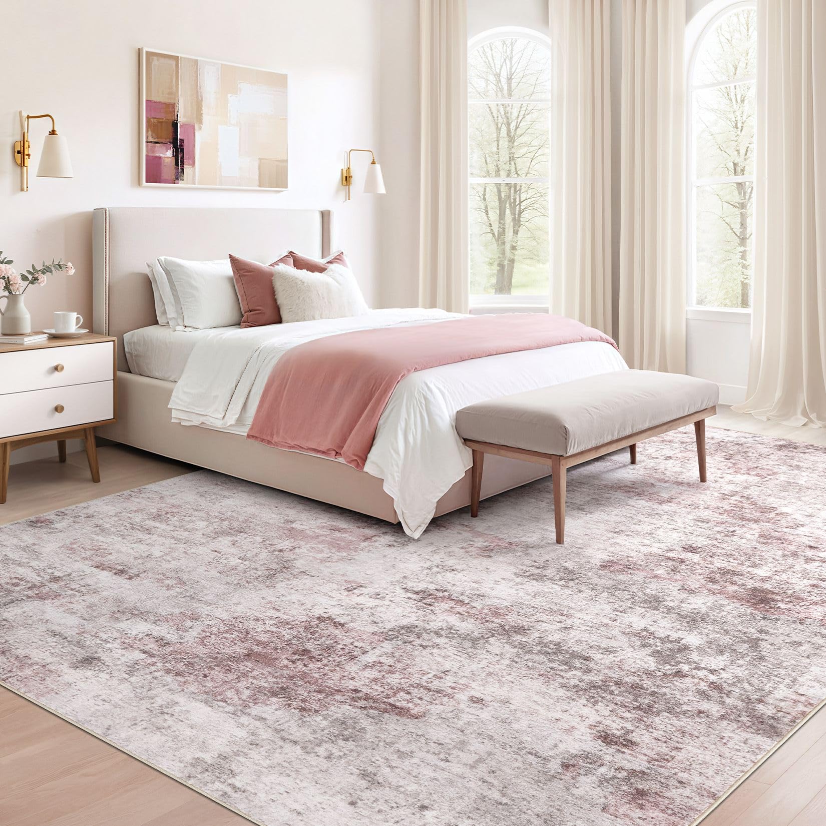 UERMEI 8x10 Washable Area Rug - Neutral Modern Abstract Living Room Rugs, Non-Slip Soft Large Indoor Floor Carpet for Bedroom Home Office & Under Dining Table Decor, Pink Grey