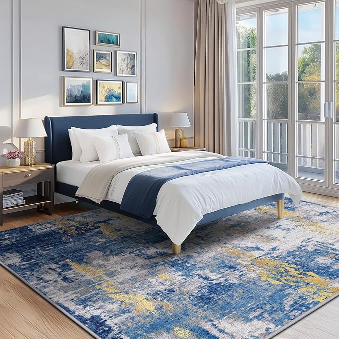 RELEANY Washable 8'x10' Abstract Area Rug for Living Room Blue Gold