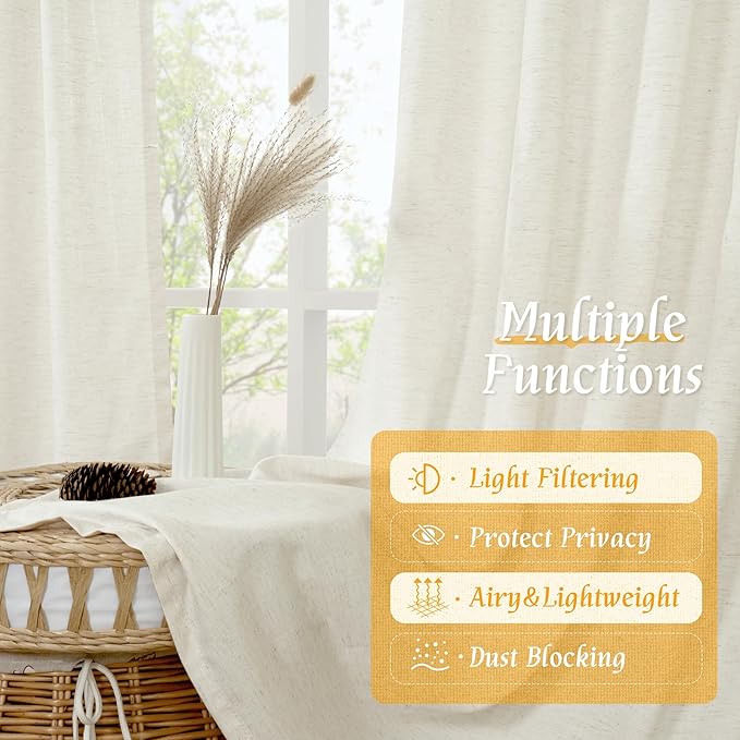 LAMIT Light Filtering Natural Linen Curtains 63 Inch Length for Living Room