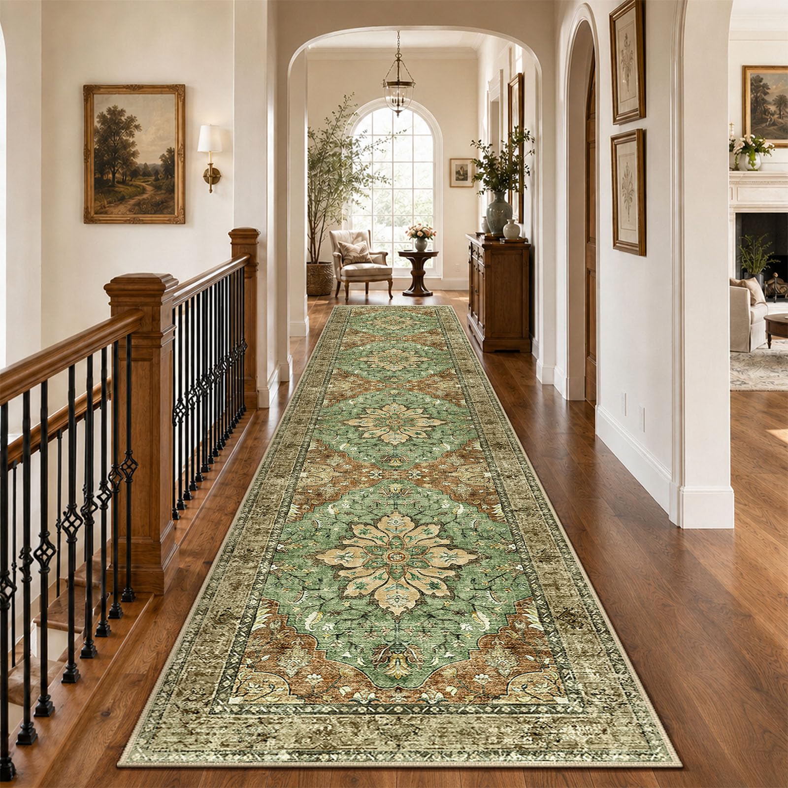 RELEANY Washable Area Rug, Runner 3'x12', Brick/Brown/Green