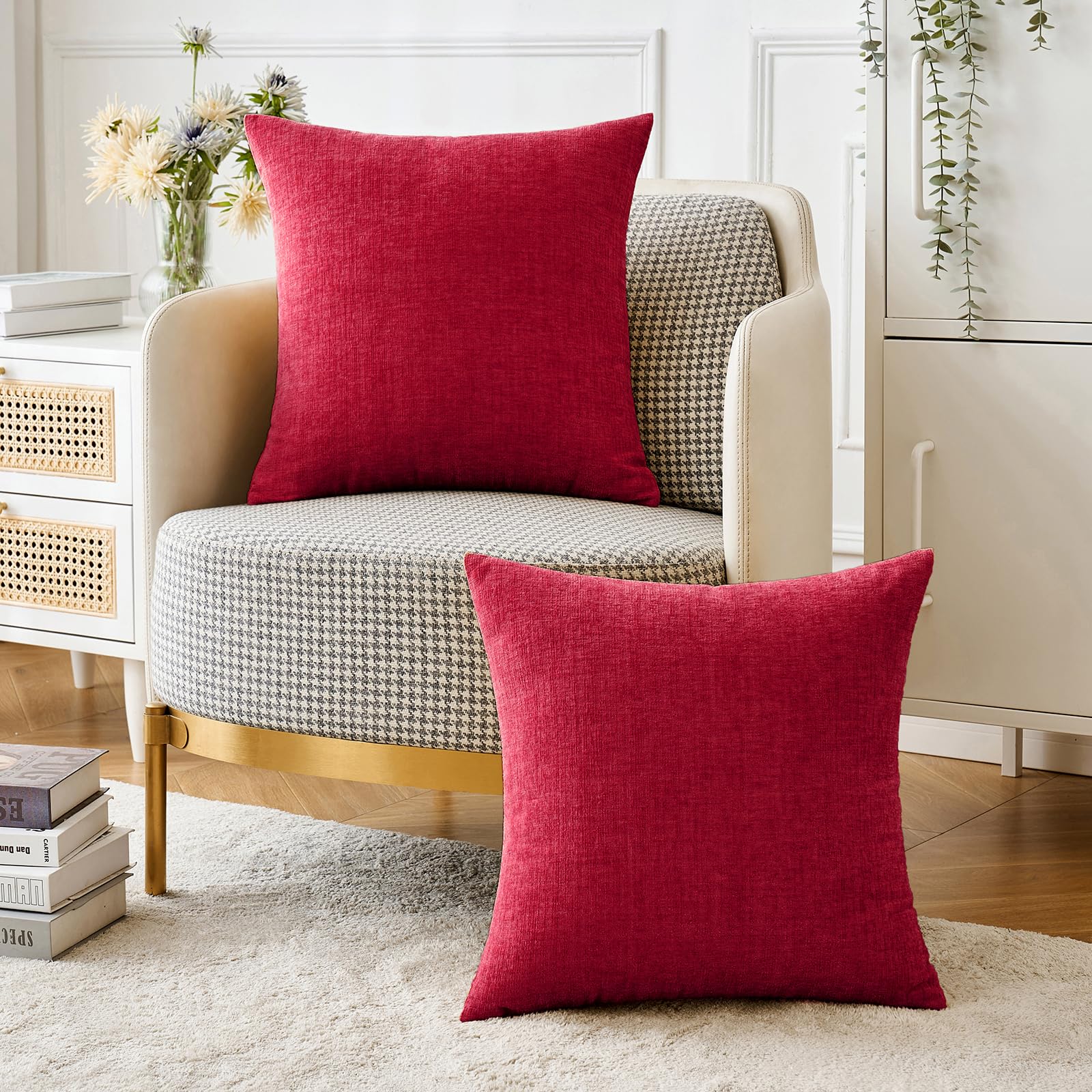 MIULEE Soft Chenille Throw Pillow Covers Red 18x18 Inch Pack of 2