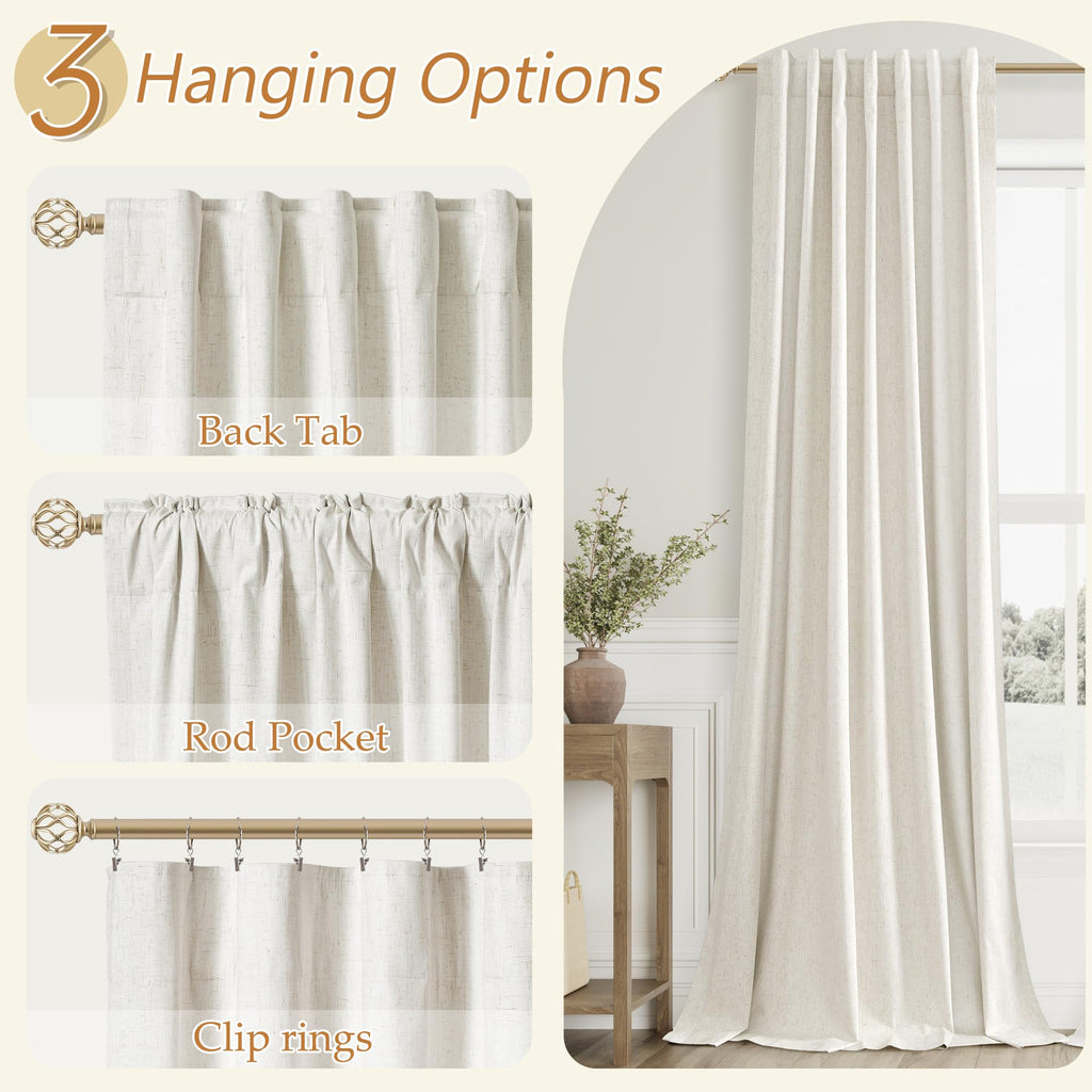 Guken 100% Blackout Linen Curtains for Bedroom 95 Inches Long Natural Cream Black Out Curtain Back Tab Thermal Insulated Room Darkening Window Drapes for Living Room 2 Panels Beige Ivory 52x95
