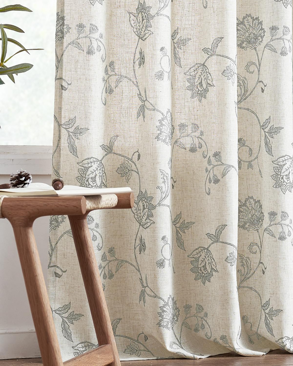 jinchan Linen Curtains Floral Curtains 96 Inch Length for Living Room Bedroom Light Filtering Rod Pocket Back Tab Jacobean Curtains Flax Linen Texture Window Drapes Set 2 Panels Dark Grey on Linen