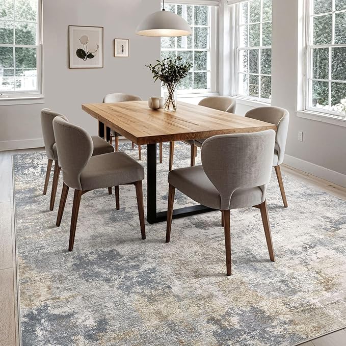 UERMEI 9x12 Area Rug Living Room Rugs - Washable Neutral Modern Abstract Soft Thin Large Rug Indoor Floor No Slip Rug Carpet for Bedroom Under Dining Table Home Office Decor - Blue Grey