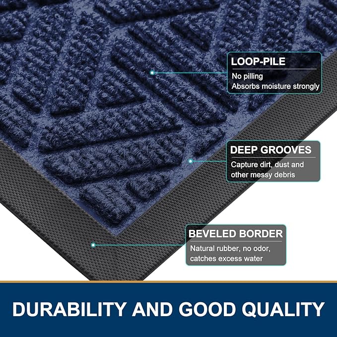 Smiry Front Door Mat Outside Entrance, Heavy Duty Sturdy Natural Rubber Doormat, Trap Dirt and Moisture, Easy Clean Low Profile Mats for Indoor Outdoor Entry, Grid Geometric (71x23, Navy Blue)